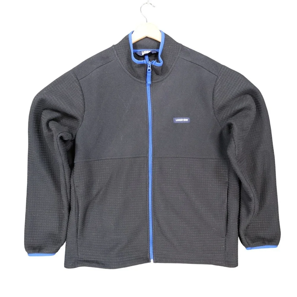 Lands' End Fleece‎ Jacket Mens Large Black Excellent Grid Texture Full Zip